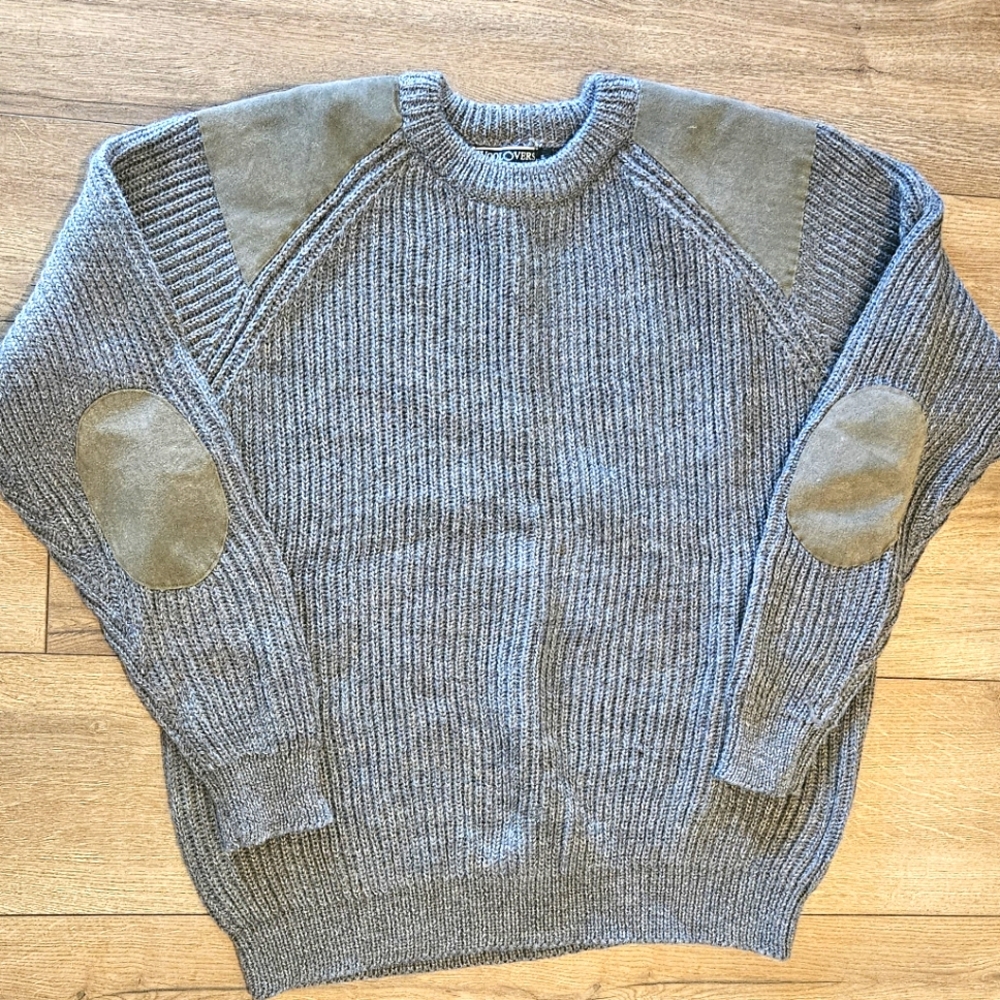 Worn Once - WOOLOVERS - Vintage Mens Grey Knit Pullover W/ Leather, Size XL